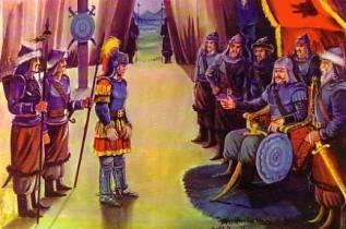 Bizans İmparatoru Romen Diyojeni Sultan Alp Arslan'ın huzurunda gösteren temsili bir resim